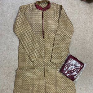 [NEW] Indian Pakistani Men Kurta Pajama Sherwani Wedding Suit Gold Red